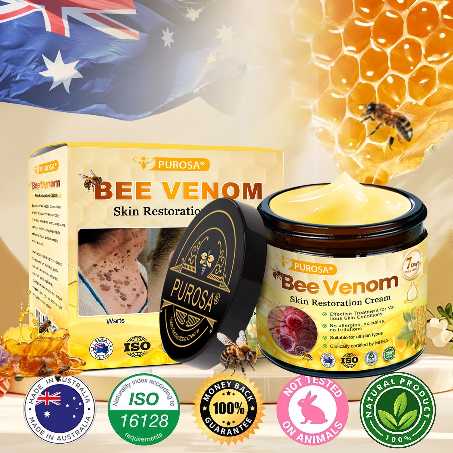 PUROSA® Bee Venom Skin Treatment Cream, Anti-aging, Hydrating, Skin Repair, Even Tone, Acne and Dark Spot Treatment, Wart and Mole Removal, Psoriasis Relief